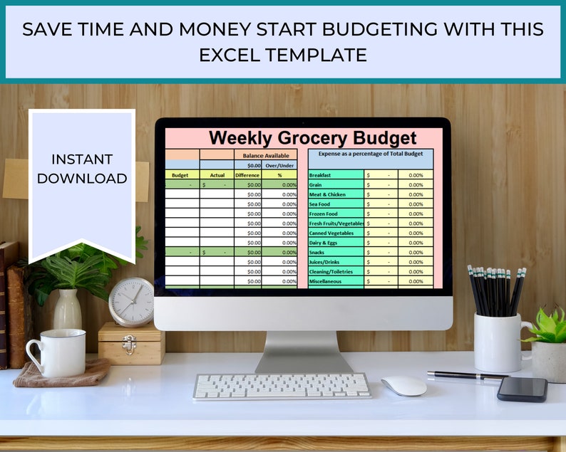 May include: A computer screen displaying a weekly grocery budget spreadsheet with categories for breakfast, meat and chicken, seafood, frozen food, fresh fruits and vegetables, canned vegetables, dairy and eggs, snacks, drinks, cleaning/toiletries, and miscellaneous. The spreadsheet has columns for budget, actual, difference, and percentage of total budget. The computer is on a white desk with a cup of coffee, a clock, and a pencil holder with pencils.