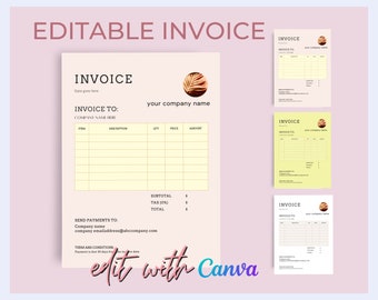 Printable Small Business Invoice Template, Invoice Canva Editable Template, 3 Premade Colors Digital Invoice, Small Business Canva Template