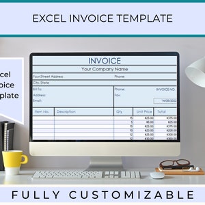 May include: A computer screen displaying an Excel invoice template with the title "Excel Invoice Template" and the text "INVOICE" at the top. The template includes fields for company name, address, phone number, invoice number, item number, description, quantity, unit price, and total. The template is fully customisable.