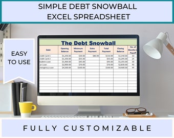 Puede incluir: Una pantalla de ordenador que muestra una hoja de cálculo titulada "The Debt Snowball" con columnas para la deuda, el saldo inicial, el pago mínimo, el pago adicional, el pago total, el saldo final y el número de meses para el pago. La hoja de cálculo está diseñada para ayudar a los usuarios a realizar un seguimiento y administrar sus deudas.