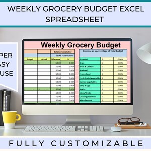 May include: A computer screen displaying a weekly grocery budget spreadsheet in Excel. The spreadsheet is colour-coded and includes columns for budget, actual, difference, and percentage of total budget. The spreadsheet is titled "Weekly Grocery Budget".

Weekly Grocery Budget Excel Spreadsheet showing editable categories, weekly totals, and colour-coded spending sections on a desktop screen.