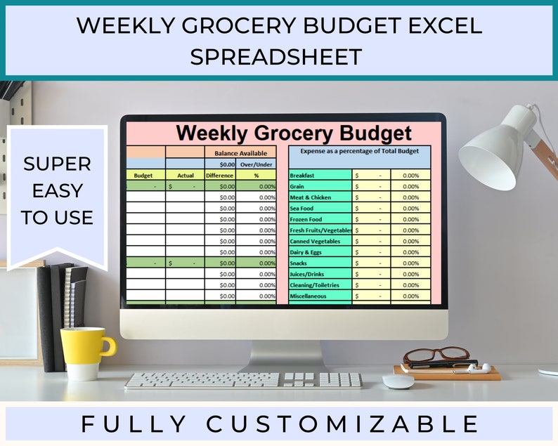 May include: A computer screen displaying a weekly grocery budget spreadsheet in Excel. The spreadsheet is colour-coded and includes columns for budget, actual, difference, and percentage of total budget. The spreadsheet is titled "Weekly Grocery Budget".

Weekly Grocery Budget Excel Spreadsheet showing editable categories, weekly totals, and colour-coded spending sections on a desktop screen.