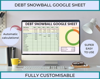 Puede incluir: Una pantalla de ordenador que muestra una hoja de cálculo de Google titulada "Debt Snowball Google Sheet". La hoja incluye una tabla con columnas para el nombre de la deuda, el total adeudado, el pago mínimo y los pagos mensuales. La hoja también incluye un gráfico circular que muestra el progreso del pago de la deuda. El texto "Automatic calculations!" es visible en el lado izquierdo de la pantalla. El texto "Super Easy To Use" es visible en el lado derecho de la pantalla. El texto "Fully Customisable" es visible debajo de la pantalla.