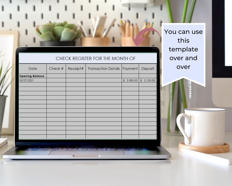 Checkbook Register Excel Template, Editable Check Register, Digital