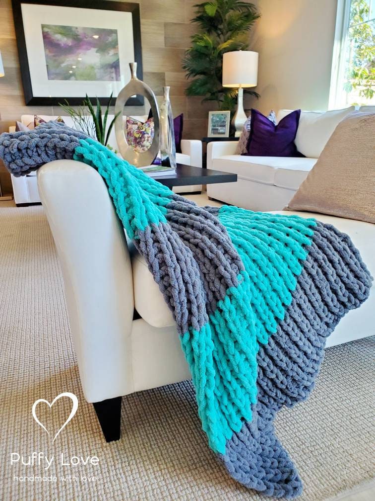 Chunky Knit Blanket Hand Knit Blanket Turquoise Chunky Etsy