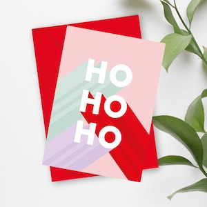 Cartão de Natal Ho Ho Ho, cartão de Natal moderno A6, cartão de Natal vermelho rosa, cartão de Natal rosa para irmã, cartão de Natal divertido e brilhante