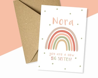 Personalised Big Sister Card, New Big Sister Card, Rainbow Card, A6 Pink Sister Card, New Sibling Congratulations Card, Custom Name Card