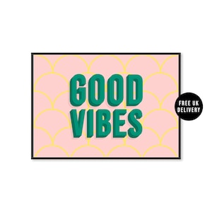 Impresión de arte de pared de buenas vibraciones, póster sin marco A5 A4 A3, decoración de pared para galería, impresión en tonos pastel rosa, impresión retro atrevida con vieiras, póster de buenas vibraciones