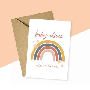 Personalisierte neue Babykarte, Willkommen in der Weltkarte, neue Babymädchenkarte, Regenbogen-Babykarte, benutzerdefinierte Namenskarte, A6-Karte, neue Babyjungenkarte
