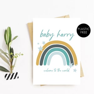 Tarjeta personalizada para recién nacido, estrellas de arcoíris azules, recién nacido, tarjeta azul, tarjeta A6, interior en blanco, tarjeta personalizada para bebé, tarjeta con nombre