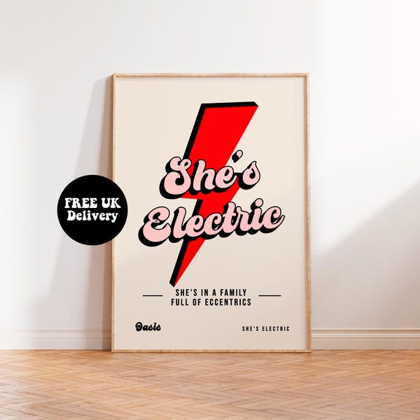 Impressão artística inspirada em "She's Electric" do Oasis, arte de parede do Oasis, "She's Electric", arte de música rock, Oasis, pôsteres e impressões com letras de músicas retrô.
