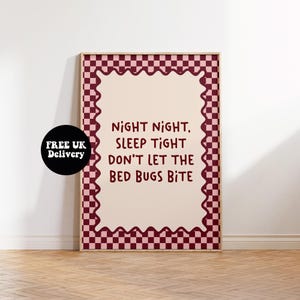 Natt natt sov gott, låt inte vägglössen bita, oramat A5 A4 A3 A2 A1 Typografi sovrum Dopamin dekor väggkonst, rosa röda tryck