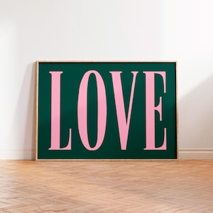 Love Typography Wall Art Print, Bright Wall Art Print Landscape, Quote Text Print, Unframed A5 A4 A3 Poster Gallery Wall Decor, Pink Print