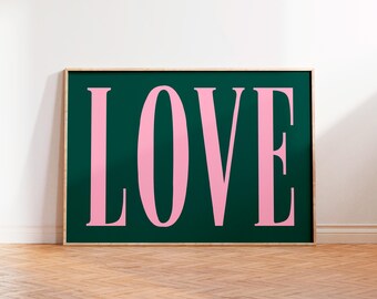 Love Typography Wall Art Print, Bright Wall Art Print Landscape, Quote Text Print, Unframed A5 A4 A3 Poster Gallery Wall Decor, Pink Print