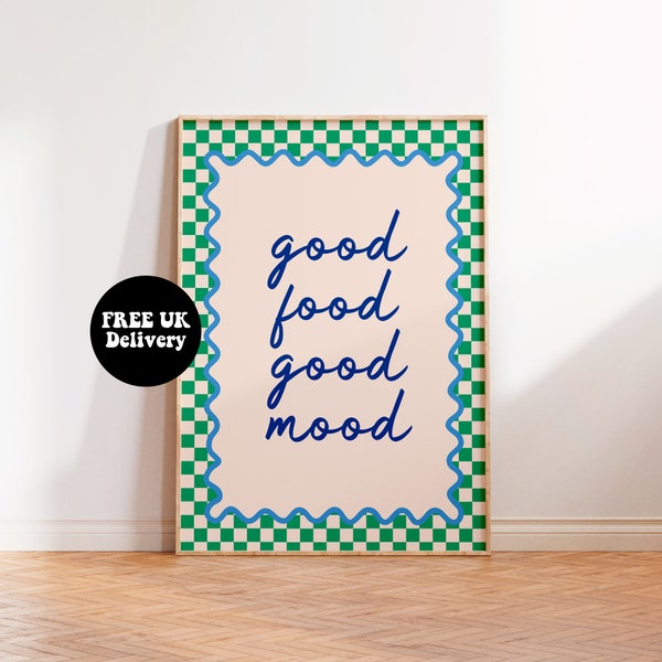 Good Food Good Mood Print, Unframed A4 A3 Kitchen Retro Cafe 70s Sage Kitsch Food Positive Gallery Bold, Blue Green Kitchen Decor