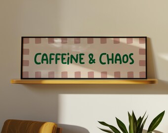 Caffeine and Chaos Print, Funny Wide Hallway Wall Art, Unframed Panoramic Poster, Pink Green Dopamine Print, Retro Funky Kitchen Decor