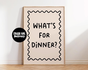 What's For Dinner Print, Quote Text Art Print, Unframed A6 A5 A4 A3 A2 A1, Kitchen Retro Cafe 70s Sage Kitsch Food Positive Gallery Bold