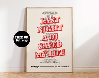 Last Night A DJ Saved My Life Music Print, Wall Art For Living Room Bedroom, Frameless A1 A2 A3 A4 A5 Home Decor Lyric Bar Poster, Fun Gift