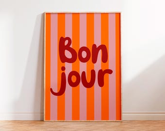 Bonjour Print, French Typography Print, Fun Bold Trendy Colourful Stripe Hello Hi Print, Unframed A1 A2 A3 A4 A5 Hallway Entrance Decor