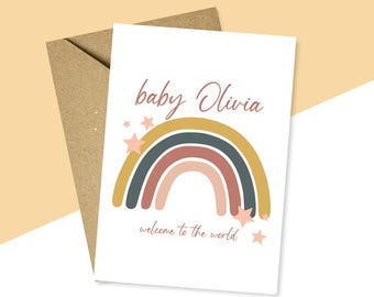 Personalised New Baby Card, Baby Girl Card, Rainbow Card, New Baby Girl Card, Pink New Baby Card, Welcome To The World, Name Card
