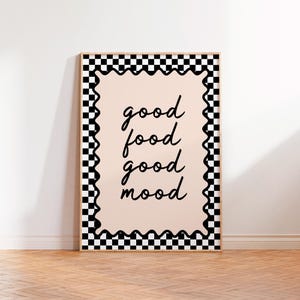 Dobre jedzenie, dobry nastrój, wydruk artystyczny z cytatem, bez ramki A6 A5 A4 A3 A2 A1, kuchnia retro kawiarnia 70. Sage Kitsch Food Positive Gallery Bold