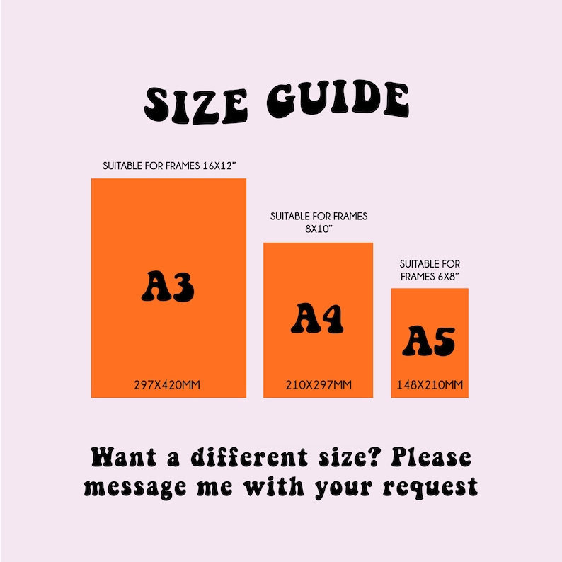 May include: Size guide for printable art prints. The guide shows three sizes: A3 (297x420mm), A4 (210x297mm), and A5 (148x210mm). The text says "Want a different size? Please message me with your request."