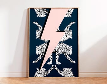 Lightning Bolt Leopard Wall Art Print, Lightning Bolt Print, Leopard Wall Art, Unframed A5 A4 A3 Leopard Poster, Bright Bold Fun Print