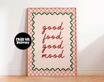 Good Food Good Mood Print, Quote Text Art Print, Unframed A6 A5 A4 A3 A2 A1, Kitchen Retro Cafe 70s Sage Kitsch Food Positive Gallery Bold