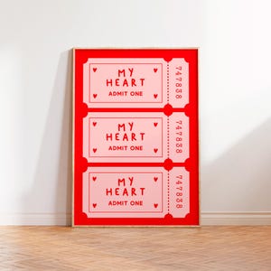My Heart Ticket Print, Handgezeichnetes Valentinstag Geschenk Herz Zitat, Retro Wand Kunst Liebe Poster, Funky Aesthetic Pink Red Home Decor, Printables