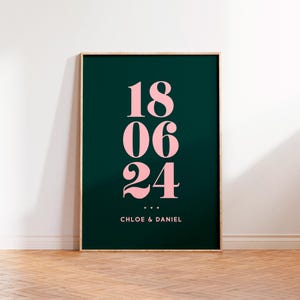 Impresión personalizada con nombre, fecha y año, póster personalizado, regalos personalizados para parejas, impresión tipográfica sin marco A5 A4 A3 A2 A1, decoración del hogar verde y rosa