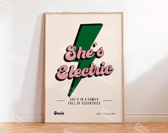 She's Electric Oasis Inspired Art Print, Oasis Wall Art, She's Electric, Rock Music Art, Oasis, Retro Music Song Lyrics Art Posters Prints