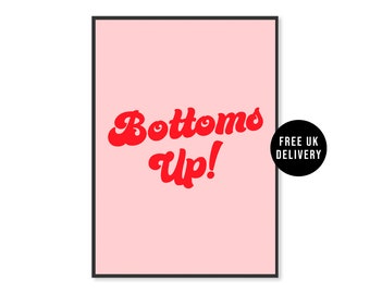 Bottoms Up Typography Wall Art Print, Gin Home Bar Print, Retro Text Print Wall Art, Unframed A5 A4 A3 A2 A1 Poster, Pink Bar Cart Print