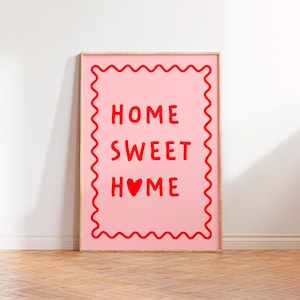 Home Sweet Home Print, Hand Drawn Heart Quote, Retro Wall Art, Heart Love Poster, Vintage Home, Funky Aesthetic Red Pink Decor, Printables
