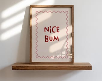 Nice Bum Wall Art Print, Funny Bathroom Decor, Unframed Pink Red Print, Body Positivity Poster, Cheeky Bathroom Humour