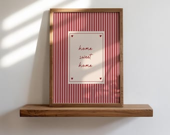 Home Sweet Home Poster, Unframed Pink Red Hearts Stripes Vintage Wall Art Print