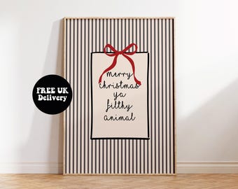 Merry Christmas Ya Filthy Animal Bow Print, Christmas Gift Unframed Typography Black Beige Living Room Bedroom Modern Holiday Decor Wall Art