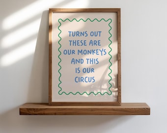 Turns Out These Are OUR Monkeys Poster, Funny Family Blue and Green Typography Wall Art Print, Unframed
