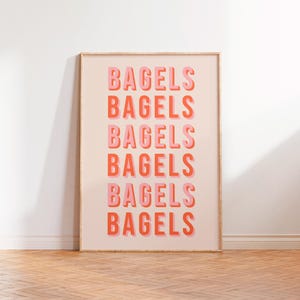 Impresión de arte de pared con tipografía Bagels Bagels Bagels, impresión de póster SIN MARCO, impresión de arte colorida, impresión de póster con letrero de cocina, decoración de pared rosa