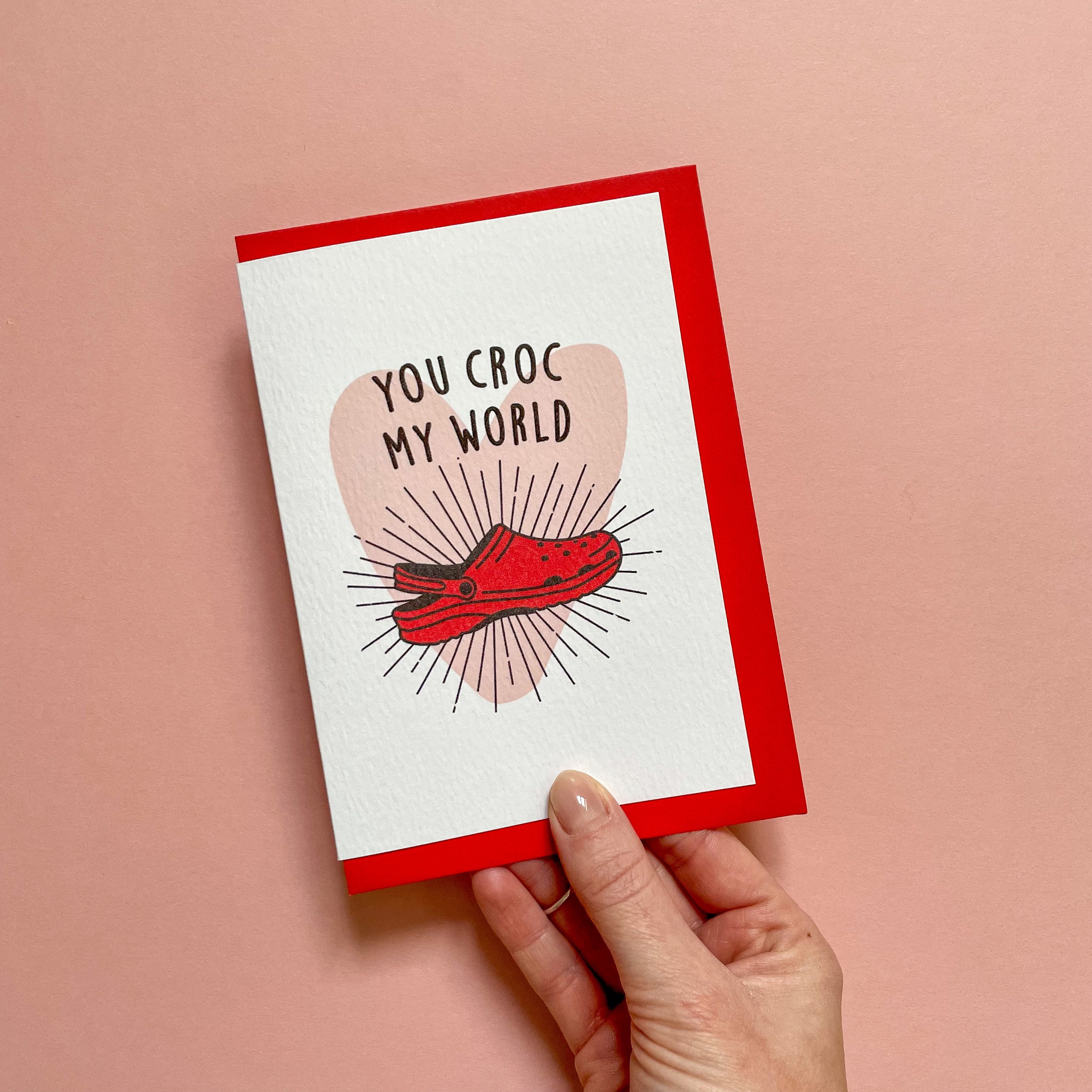 You Croc My World Card, tarjeta de aniversario divertida 2024, tarjeta Crocs divertida, tarjeta de aniversario de zapatos Crocs, para novia novio prom