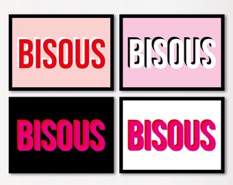 Bisous Typography Wall Art Print, French Art Quote Text Print, Unframed A5 A4 A3 A2, Poster Gallery Wall Decor, Kisses Love Pink Red Bold