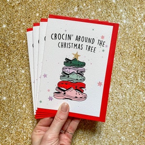 Lot de 4 cartes Crocin' Around the Christmas Tree, cartes de Noël drôles 2021, carte de Noël Crocs Shoes, pour petite amie, pour soeur