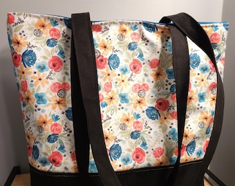 Extra Large Tote with Watercolor Hail Mary floral print Catholic bag