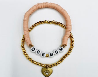 Dog Mom Bracelet Stack, Dog Mom Fashion, Stretch Bracelet, Dog Paw Heart Bracelet, Dog Mom Gift, Pet Parent Jewelry
