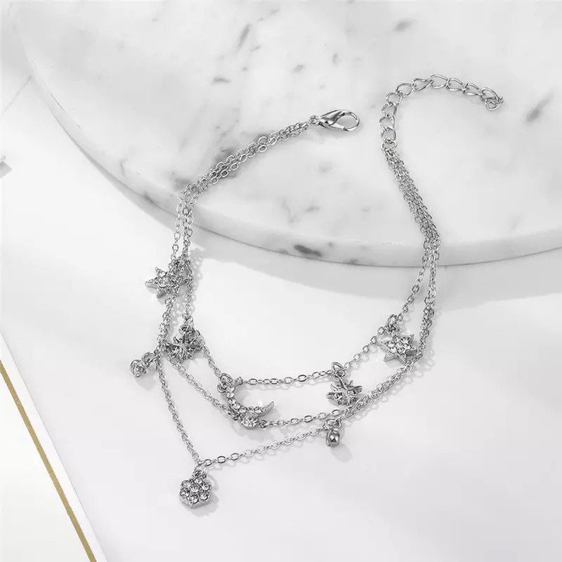 Boho Flower Star Moon Crystal Anklets Beach Ankle Bracelet Jewellery Perfect mothers day gift Silver Crescent Moon Layered Charm Anklet