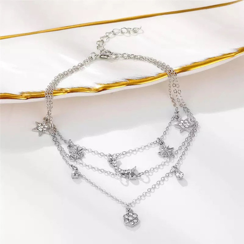 Boho Flower Star Moon Crystal Anklets Beach Ankle Bracelet Jewellery Perfect mothers day gift Silver Crescent Moon Layered Charm Anklet