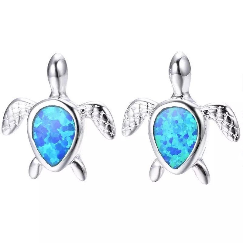 925 Sterling Silver Opal Stone Blue Sea Turtle Earrings | Etsy