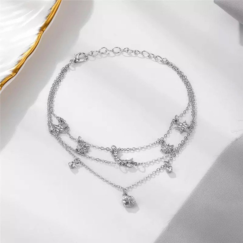 Boho Flower Star Moon Crystal Anklets Beach Ankle Bracelet Jewellery Perfect mothers day gift Silver Crescent Moon Layered Charm Anklet