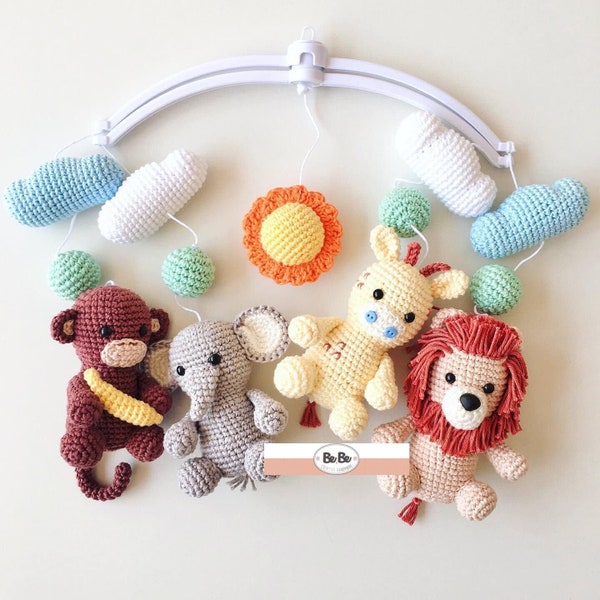 Amigurumi Safari Baby Crib Mobile Crochet Pattern Tutorial in PDF, Lion, Monkey, Giraffe, Elephant