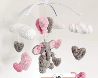 Elephant Crib Mobile Crochet Pattern, Amigurumi Elephant Crib Mobile PDF Tutorial, Amigurumi Clouds and Hearts, English & Portuguese