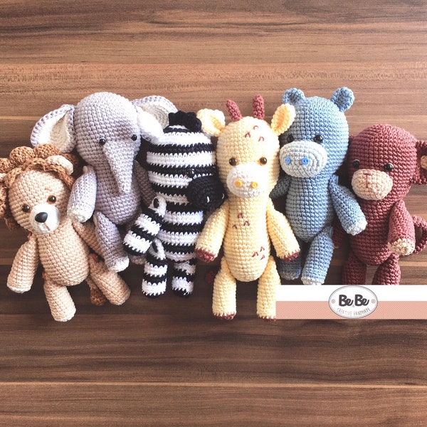 Amigurumi Safari Baby, Elephant, Monkey, Giraffe, Lion, Zebra and Hippo crochet pattern tutorial in PDF